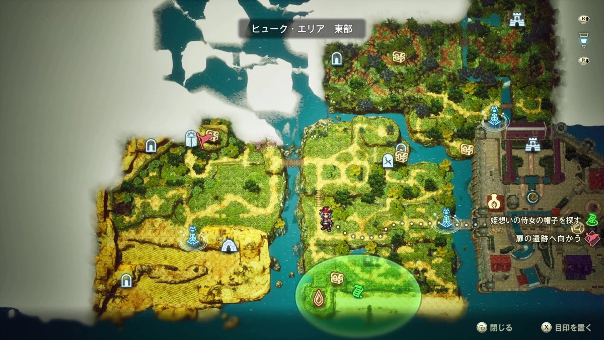 宝箱や目的地を確認できるエリアマップ